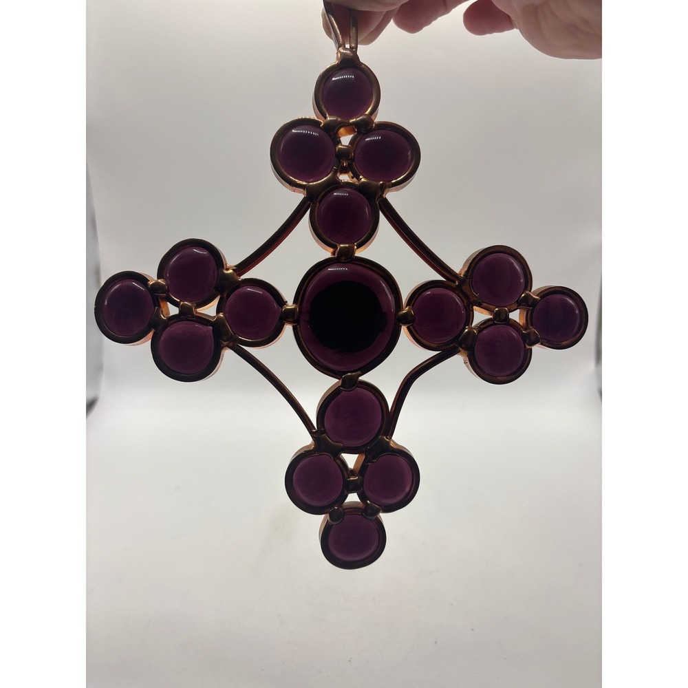 Vintage Gothic Cross  Eggplant Purple Cabochon Copper Tone Wall Decor